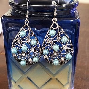 💙-Scroll Silver Toned-Blue Pearls & Crystal Dangle Earrings
